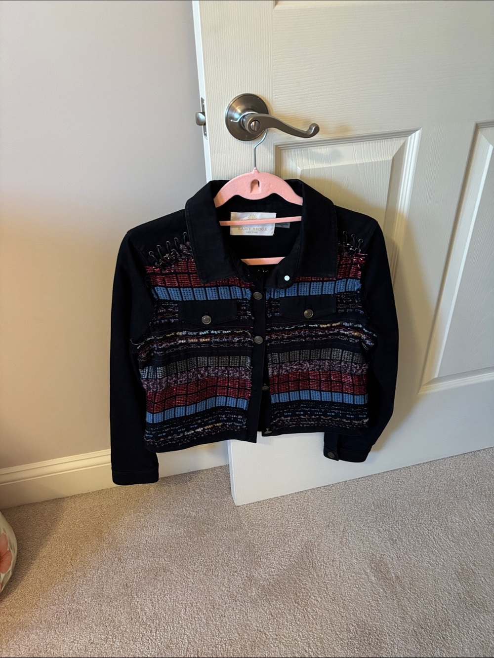 Ramy Brook Kids Black Jean Jacket with Red & Blue Patterned Panels